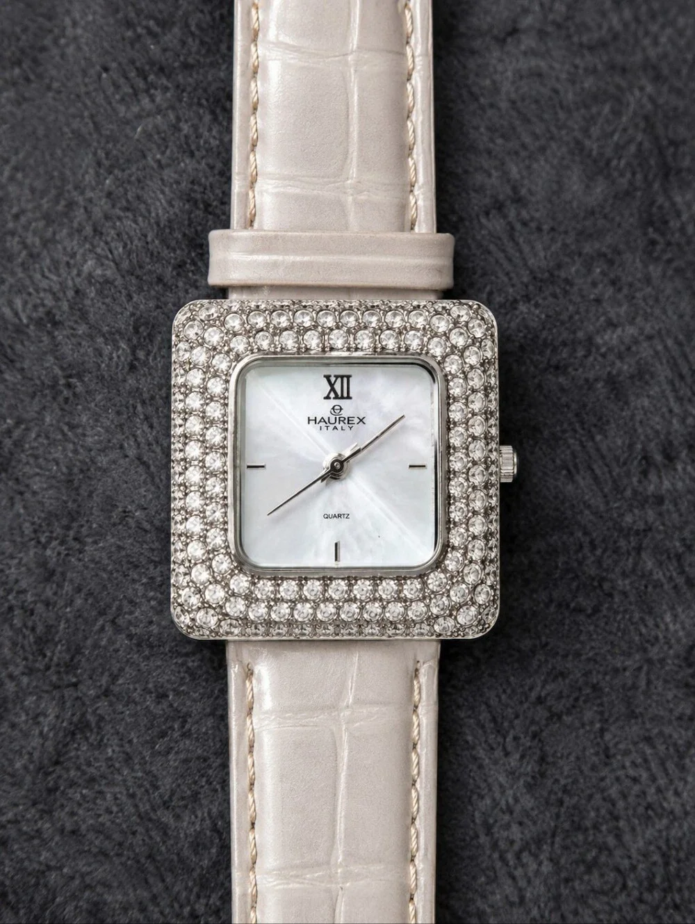 Haurex Italy Crystal Pavé Mother of Pearl Square Watch White Leather Y2K Glam CC
